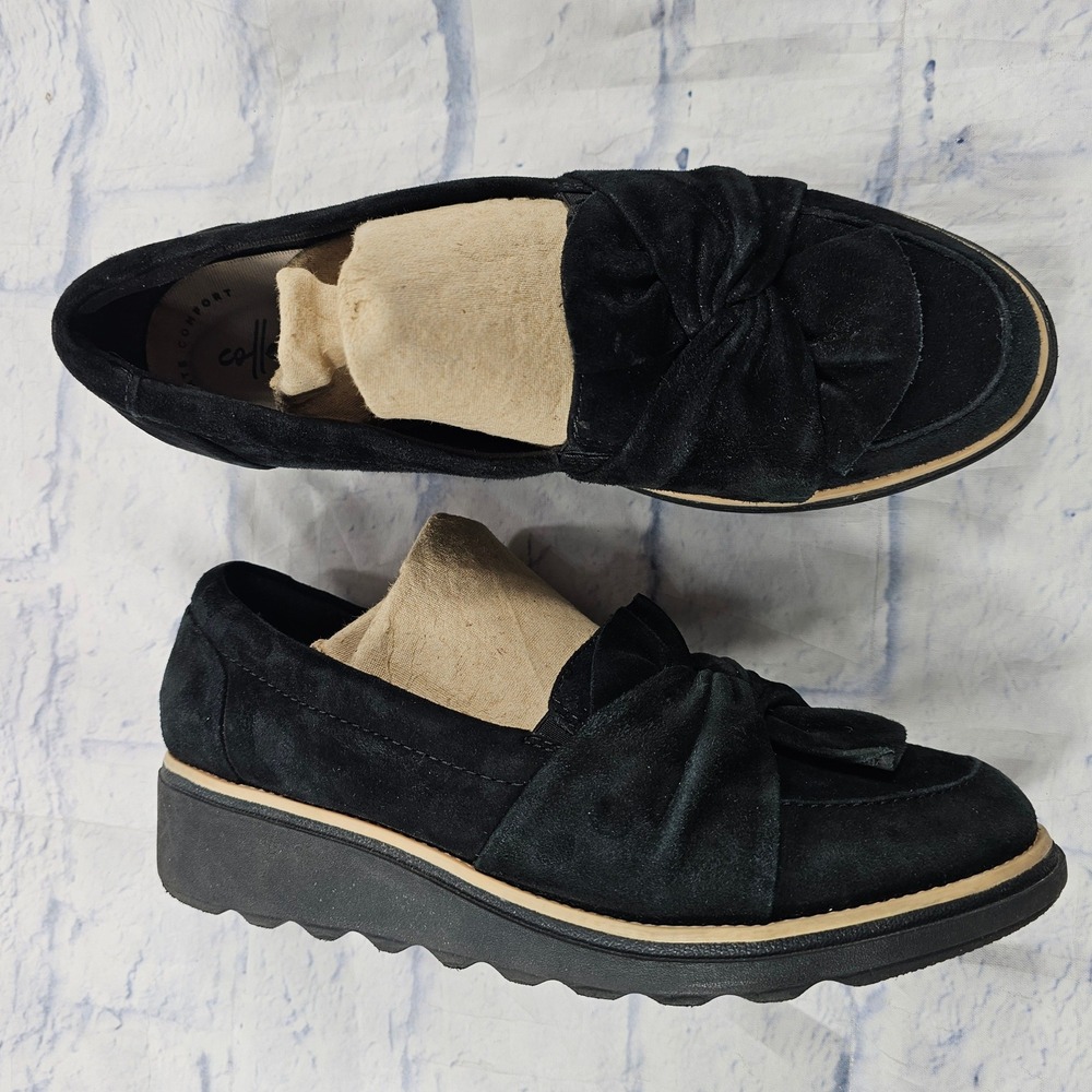 Clarks Sharon Dasher Loafer WOMEN 8 Black Suede Wedge Slip-On Knot Comfort Shoes